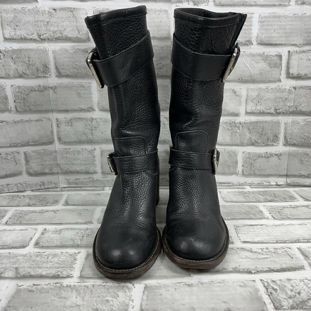 Bianco Easy Women 's 38 /7.5 US Black Leather Buckle Moto Mid Calf Chunky Boots - Picture 6 of 16
